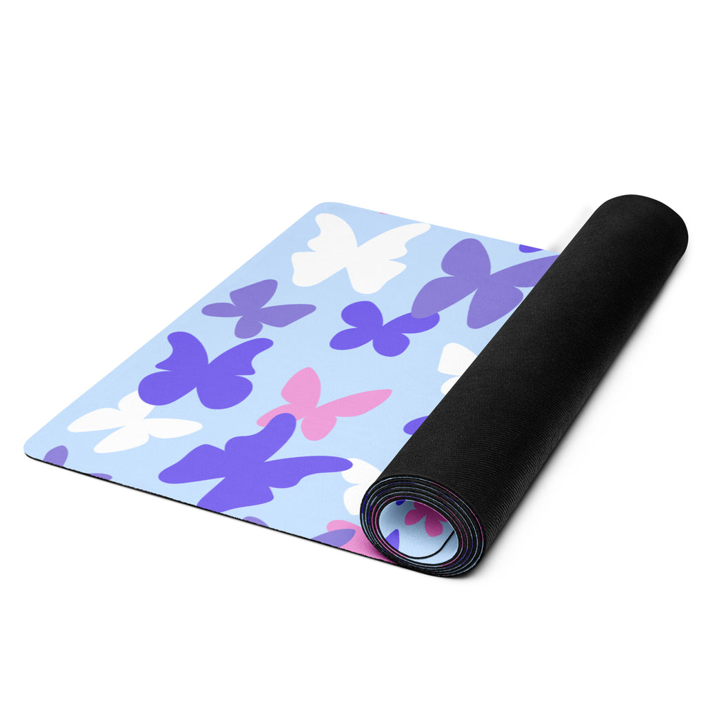 Butterfly print yoga mat in shades of blue, purple and pink.