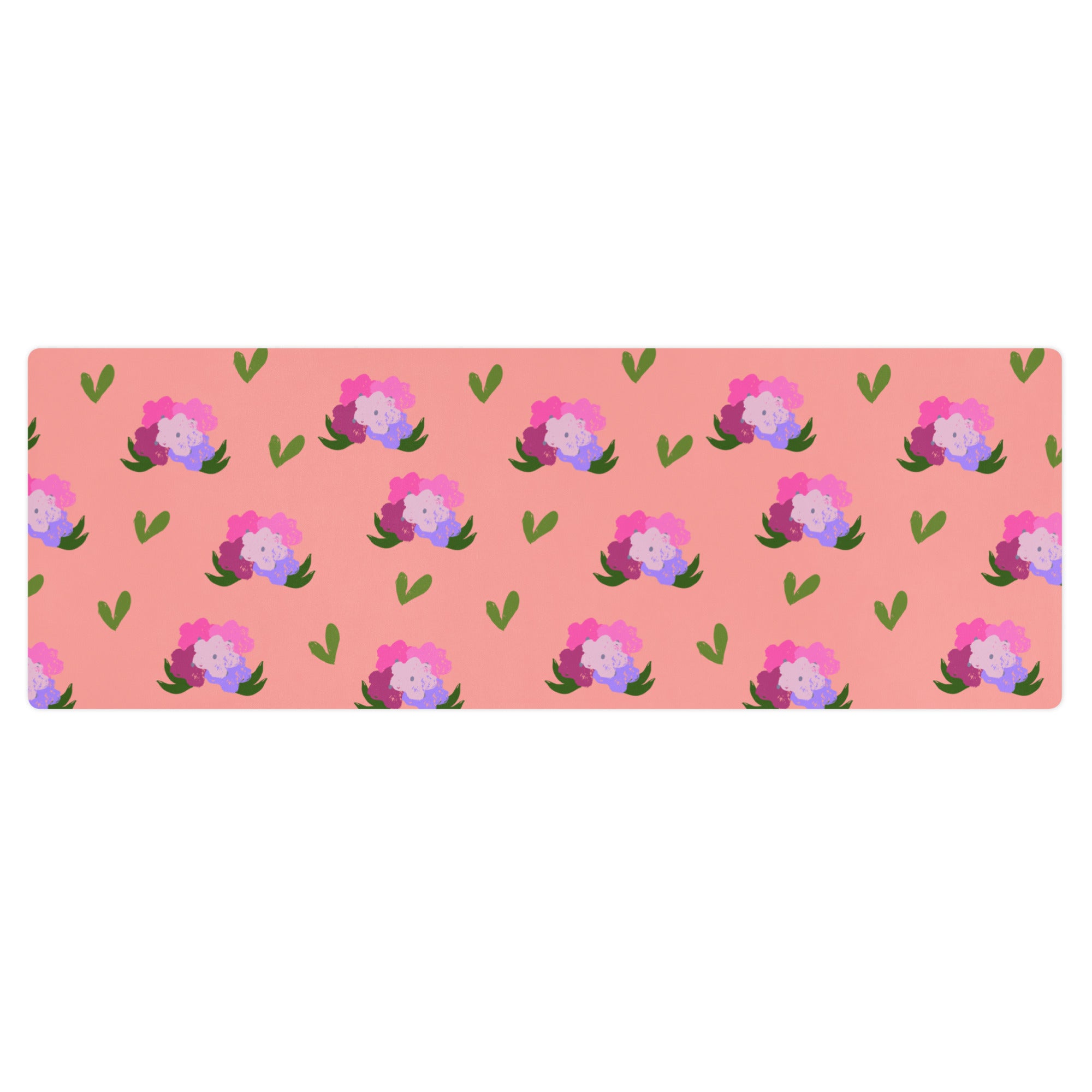 Floral bouquet print yoga mat with shades of green, pink, purple, and peach.