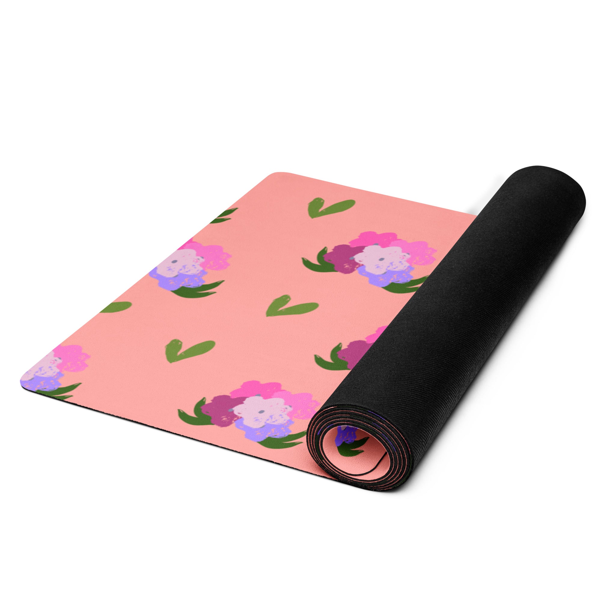 Floral bouquet print yoga mat with shades of green, pink, purple, and peach.