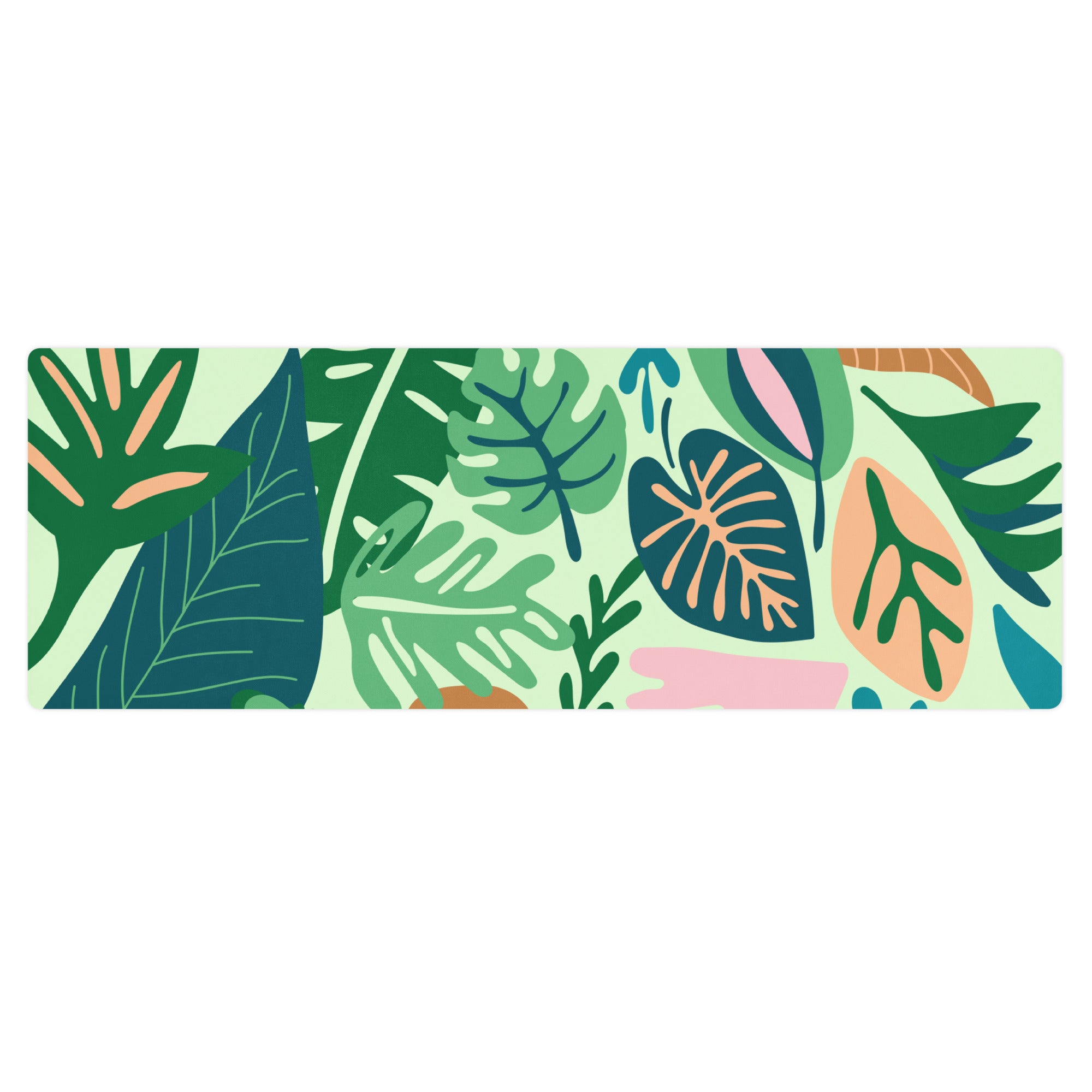 Jungle print/leaf print yoga mat with lots of blue, green, pink tones.