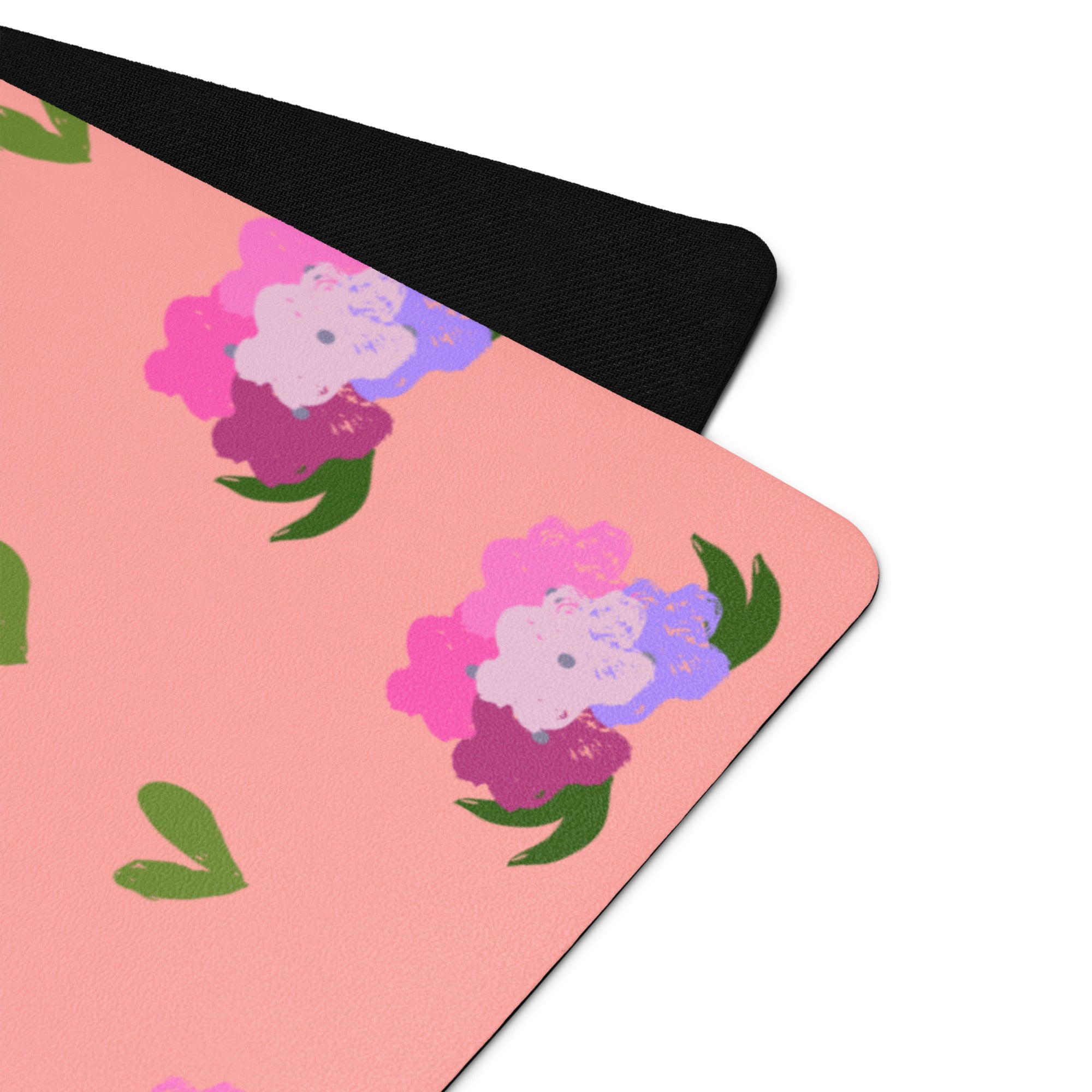 Floral bouquet print yoga mat with shades of green, pink, purple, and peach.